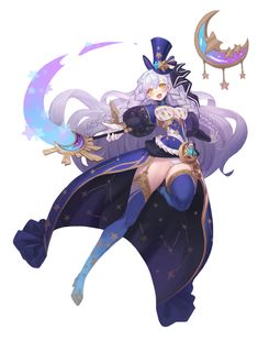 an anime character sitting on top of a moon with stars and crescents around her