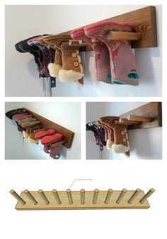 three pictures showing how to hang shoes on a coat rack with hooks and pegs