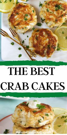 the best crab cakes with lemons and parsley on top are ready to be eaten