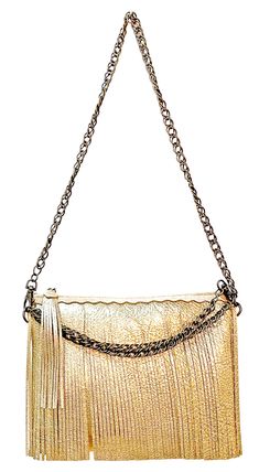 DESCRIPTION:Versatile and buttery, soft the Maya leather fringe crossbody bag can be dressy or casual; day or night. Perfect around town, at dinner with friends, or a wedding. Wear as a shoulder bag, crossbody or detach the chain and use as a clutch. Room for your cell, glasses, lipstick and wallet. • Genuine leather with rich gold finish• Hand cut leather fringe and scallop edge detail • Detachable chain strap with swivel lobster clasps• Zip top closure with fringe pull• Soft, sueded unlined in Fringe Crossbody Bag, Gold Fringe, Scallop Edge, Dinner With Friends, Leather Fringe, Mini Purse, Wedding Wear, Zip Top, Chain Strap