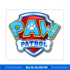 the paw patrol logo is shown in blue and red, with a dog's paw on