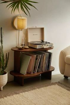 a record player sitting on top of a wooden shelf next to a potted plant