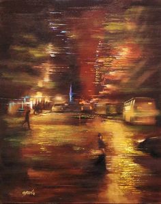 an oil painting of people walking in the rain on a city street at night time