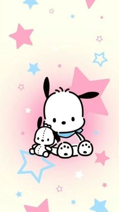 an image of a cartoon character holding a stuffed animal in front of stars and pink background