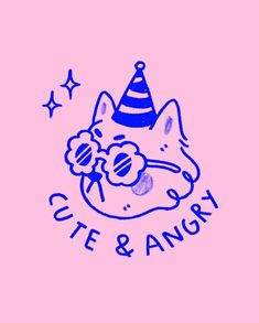 a drawing of a cat wearing a party hat and glasses with the words cute & angry on it