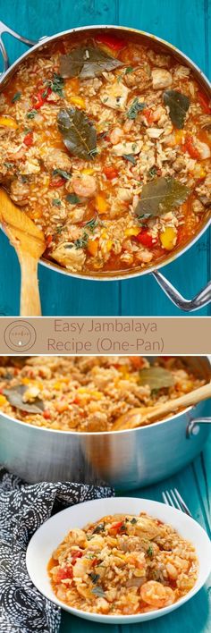 two pictures showing different types of food in the same pan