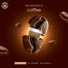 an advertisement for coffee is shown in the shape of a coffee bag with coffee beans coming out of it