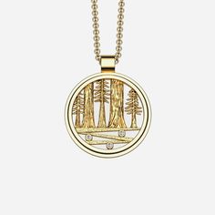 14k yellow gold 24mm pendant with .06 carat’s of diamonds total weight with complimentary gold plated 1.5mm cable chain. Muir Woods, Wood Pendant, Cable Chain, Gold Plate, Jewelry Design, Cable, Diamonds, Plating, Yellow Gold