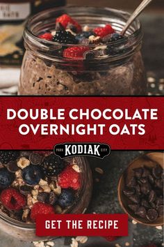 chocolate overnight oats with berries and nuts in a jar