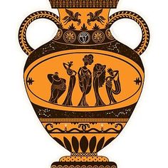 an orange and black vase with people on it