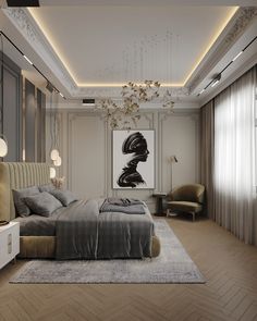 a bedroom with a large bed in the middle and a chandelier hanging from the ceiling