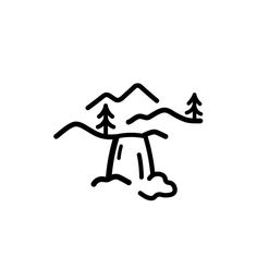 a black and white drawing of a tree in the snow with mountains in the background