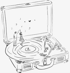 a drawing of a turntable with a man standing on it and another person in the background