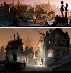 two different views of an animated city at night and day