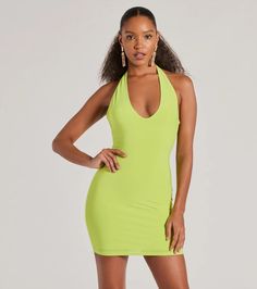 Make sultry moves with all eyes on you in this sexy bodycon mini dress your next night out! The slinky knit fabric offers plenty of stretch for that perfect comfortable fit. The mini-length dress is shaped with a sleeveless plunging V-neckline with a halter strap design, an open back for even more allure, lower back ruching to accentuate your curves, and a bodycon silhouette to flaunt your gorgeous figure. Style with a rhinestone lariat necklace and stiletto heels.Fit & FeaturesStretchy knit Glamorous Green Stretch Bodycon Dress, Backless Bodycon Elastane Mini Dress, Spring Club Bodycon Dress In Elastane, Trendy Mini Length Elastane Bodycon Dress, Flirty Green Stretch Bodycon Dress, Green Stretch Flirty Bodycon Dress, Trendy Stretch Halter Neck Mini Dress, Stretch Bodycon Mini Dress For Club, Trendy Stretch Mini Dress With Halter Neck