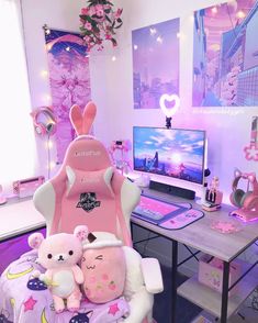 a room filled with lots of pink furniture and decor on top of a wooden table