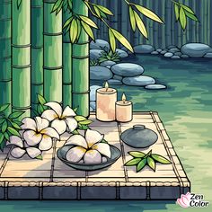 a painting of bamboo and flowers on a table with rocks in the water next to it