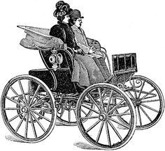 an old fashioned carriage with two women in it