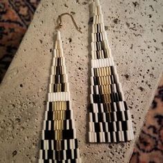 Glamorous Hand Woven Earrings | Etsy Elegant Handwoven Dangle Earrings, Artisan Handwoven Beaded Drop Earrings, Unique Handwoven Beaded Dangle Earrings, Black Handwoven Dangle Earrings, Elegant Handwoven Black Beaded Earrings, Elegant Black Handwoven Beaded Earrings, Bugle Beads, Triangle Shape, Brass Earrings