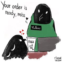 a black bird sitting next to a green and white shirt that says your order is ready, miss