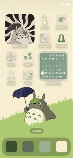 a cartoon character holding an umbrella in front of a calendar with other characters on it