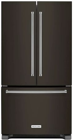 a large black refrigerator freezer with two doors and three drawers on the bottom, in front of a white background