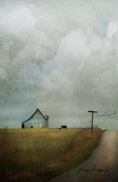 a painting of a farm scene with cows and a barn in the distance on a cloudy day