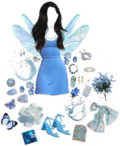 a woman is dressed in blue and surrounded by items like shoes, bracelets, necklaces, flowers, and butterfly wings