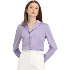 Complete your chic style with this satin button-up shirt. This satin button-up shirt features button cuffs and a notch collar perfectly. Pair it with jeans and work pants for your casual chic look. To create an elegant image with a classic design. Look smart and classic in this shirt finished with solid color fabric. With shiny and smooth fabric, this satin shirt makes you look elegant and romantic. Satin Button Down Shirt, Casual Work Dress, Satin Button Up, Satin Blouses, Chiffon Long Sleeve, Satin Shirt, Notch Collar, Color Fabric, Collar Blouse