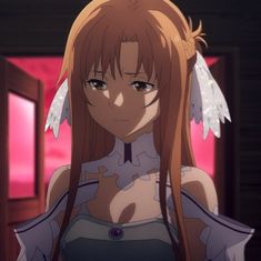 an anime character with long brown hair and white wings on her head looking at the camera