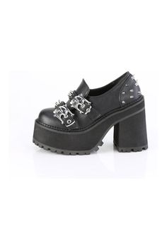 4 3/4" Heel, 2 1/4" Platform Loafer - Fit Guide: Women's US Size Shown - Heel: 4 3/4" Heel, 2 1/4" Platform - Brand: Demonia - Country of Origin: Imported Black Synthetic Platform Loafers Closed Toe, Black Closed Toe Platform Loafers With Metal Feet, Black Platform Loafers With Metal Feet, Leather Gothic Heels With Round Toe, Punk Closed Toe Heels For Fall, Punk Style Closed Toe Heels For Fall, Black Platform High Heel Loafers, Black High-heeled Platform Loafers, Black Loafers With Reinforced Heel And Round Toe