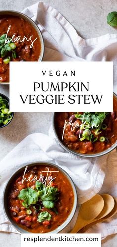 three bowls of vegan pumpkin veggie stew on a white cloth with spoons