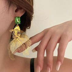 Koi Fish Green Stone Earrings 💚 Gold Fish-shaped Earrings With Fish Hook, Gold Fish-shaped Pierced Earrings, Gold Fish-shaped Earrings, Elegant Gold Fish-shaped Earrings, Green Stone Earrings, Female Design, Neck Wrinkles, Cubic Zirconia Jewelry, Polka Dress