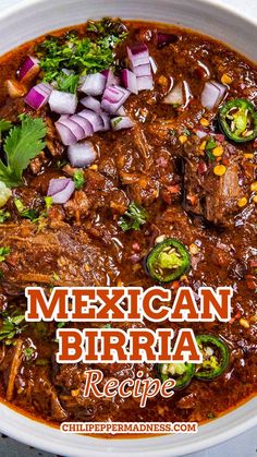 We’re cooking up a flavorful Mexican meat stew in the Chili Pepper Madness kitchen, my friends. It’s called Birria, and you’re going to want to make this right away. This birria recipe is an iconic meat stew from the Mexican state of Jalisco of lamb, goat or beef cooked low and slow in a seasoned chili sauce. Serve it in a bowl or as birria tacos. Mexican Birria Recipe, Mexican Birria, Beef Birria Recipe, Birria Recipe, Crockpot Healthy, Resep Salad, Mexican Cooking, Mexican Food Recipes Easy