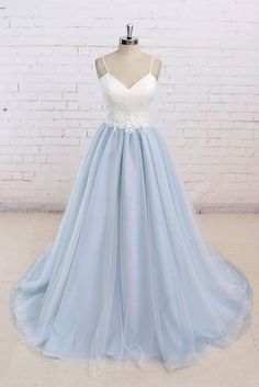 Baby Blue Sweet A line Spaghetti strap Long Simple Flower Lace Prom Dress Blue Tulle Prom Dress, Simple Spaghetti, Blue And White Wedding, Light Blue Prom Dress, Satin Ball Gown, Winter Formal Dresses, Senior Prom Dresses, Spaghetti Strap Prom Dress, Tulle Evening Dress