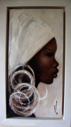 an oil painting of a woman wearing a white headdress with rings on her ear