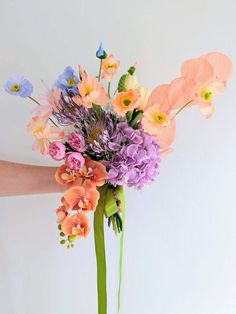 a person holding a bouquet of flowers in their hand with the stems still attached to it