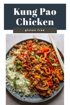 an image of a plate of food with chopsticks in it and the words, kong pao chicken gluten free