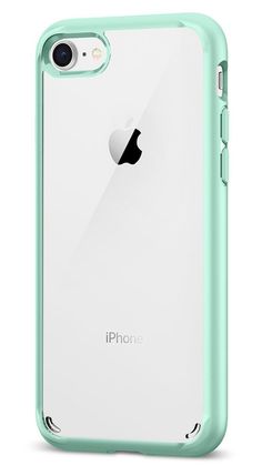 the back and side of an iphone case in mint green with clear bumpers on it