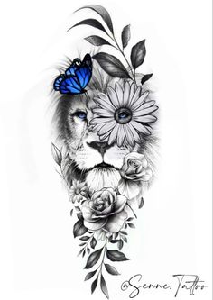 a lion with flowers and a butterfly on its head