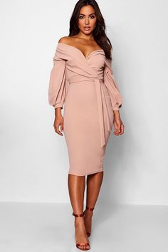 Pink off the shoulder wrap midi dress. First instinct would be to go for black (lol) but I really like this pink too! #mididress #offtheshoulder #springfashion #fashion #afflink Wrap Midi Dress, Modieuze Outfits, Bodycon Fashion, Long Puff Sleeves, Up Girl, Night Outfits, Guest Dresses, Wedding Guest Dress, Dress Collection