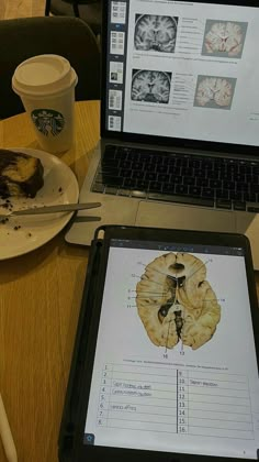 an open laptop computer sitting on top of a wooden table next to a plate of food