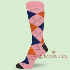 USH794: PEACHY PINK ORANGE BLUE ARGYLE SOCKS FOR MAN Soft Orange, Mens Dress