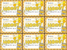 six yellow and white labels with the words honey in each one, on top of each other