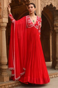 Red Chanderi Gown With Zari Work, Red Anarkali Set For Reception During Eid, Red Anarkali Set With Cutdana In Traditional Drape, Red Chanderi Gown For Navratri, Red Floor-length Anarkali Set With Dupatta, Red Semi-stitched Chanderi Gown, Red Anarkali Sharara With Traditional Drape, Red Floor-length Anarkali Set With Pallu, Red Anarkali Set With Sheer Dupatta For Eid