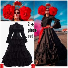 the woman is wearing a black dress with red flowers on her head and in front