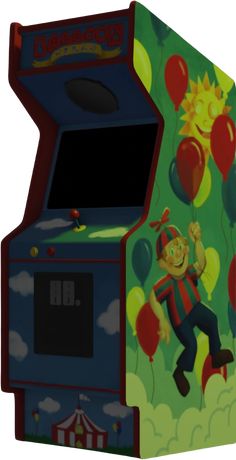 an old school arcade machine with clowns and balloons on it's side,