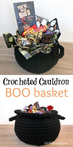 a crocheted cauldron basket with halloween candy in it and the words, crocheted cauldron booo basket