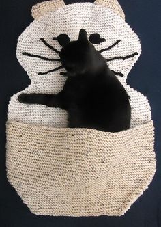 a black cat is sitting in a white kitty pillow on a blue background and it's eyes are closed