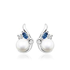 Earrings with White Pearl, Created Blue Sapphire and Cubic Zirconia in Sterling Silver Gift Collections, White Pearl, Earring Gifts, Pearl White, Bridesmaid Gifts, Blue Sapphire, Sterling Silver Earrings, Gemstone Jewelry, Metallic Silver